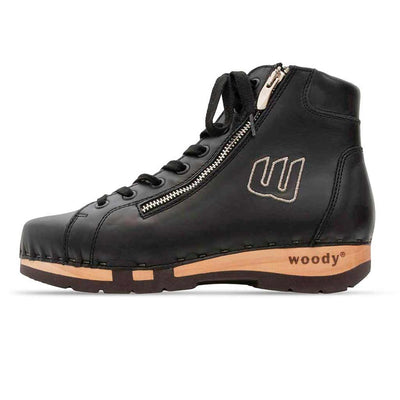 [Schwarz] roxy, clog sneakers für damen mit hohem schaft und biegsamer nachhaltiger holzsohle, farbe: schwarz (glattleder), holzclogs woody, woody schuhe, woody shoes, handgemachte holzschuhe aus österreich, kärnten
