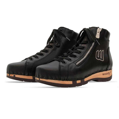 [Schwarz] roxy, clog sneakers für damen mit hohem schaft und biegsamer nachhaltiger holzsohle, farbe: schwarz (glattleder), holzclogs woody, woody schuhe, woody shoes, handgemachte holzschuhe aus österreich, kärnten
