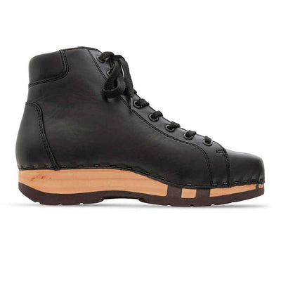 [Schwarz] roxy, clog sneakers für damen mit hohem schaft und biegsamer nachhaltiger holzsohle, farbe: schwarz (glattleder), holzclogs woody, woody schuhe, woody shoes, handgemachte holzschuhe aus österreich, kärnten