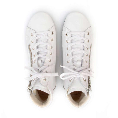 [Weiss] roxy, clog sneakers für damen mit hohem schaft und biegsamer nachhaltiger holzsohle, farbe: weiss (glattleder), holzclogs woody, woody schuhe, woody shoes, handgemachte holzschuhe aus österreich, kärnten