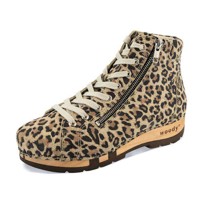 [Wildcat] roxy, clog sneakers für damen mit hohem schaft und biegsamer nachhaltiger holzsohle, farbe: wildcat (leopard print), holzclogs woody, woody schuhe, woody shoes, handgemachte holzschuhe aus österreich, kärnten
