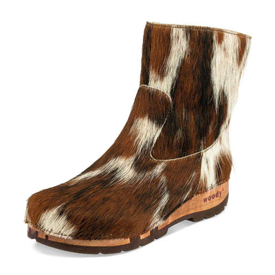 [Natur Fell] Sandra Damen Clog Stieflette mit biegsamer nachhaltiger holzsohle, farbe: fell natur (tricolore), holzclogs woody, woody schuhe, woody shoes, handgemachte holzschuhe aus österreich, kärnten