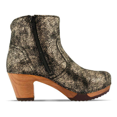 [Noirgold] clogs damen tanja woody holzschuhe. tanja ankle boots gefüttert, damenstiefel, stiefel, damenclogs mit flexibler, biegsamer holzsohle. holzclogs, clogs damen knöchel stiefel, damen clogs mit fussbett. ankleboots holz schuhe, holzclog, holzschuhe kaufen, Farbe: noirgold (gold mit schwarzen cracks)