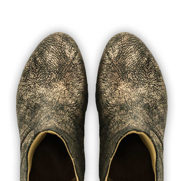 [Noirgold] Tanja Damen Clog Stiefelette, woody holzschuhe. tanja ankle boots gefüttert, damenstiefel, stiefel, damenclogs mit flexibler, biegsamer holzsohle. holzclogs, clogs damen knöchel stiefel, damen clogs mit fussbett. ankleboots holz schuhe, holzclog, holzschuhe kaufen, Farbe: noirgold (gold mit schwarzen cracks)