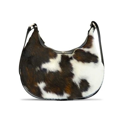 Dora - Handtasche aus tricolore Rinderfell und schwarzem italienischen Leder, Marke: Charlotte, halbmondförmig