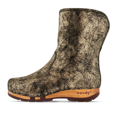 [Noirgold] ULLI-clog-boots-stiefel-damen-mit-biegsamer-nachhaltiger-holzsohle-holzclogs-woody-schuhe-woody shoes-handgemachte-holzschuhe-aus-österreich-kärnten, farbe: Noirgold (gold mit schwarzen cracks)