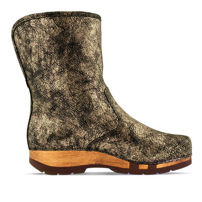 [Noirgold] ULLI-clog-boots-stiefel-damen-mit-biegsamer-nachhaltiger-holzsohle-holzclogs-woody-schuhe-woody shoes-handgemachte-holzschuhe-aus-österreich-kärnten, farbe: Noirgold (gold mit schwarzen cracks)