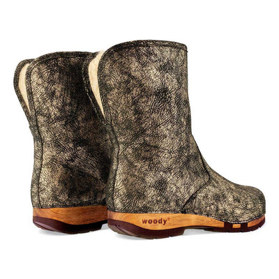 [Noirgold] ULLI-clog-boots-stiefel-damen-mit-biegsamer-nachhaltiger-holzsohle-holzclogs-woody-schuhe-woody shoes-handgemachte-holzschuhe-aus-österreich-kärnten, farbe: Noirgold (gold mit schwarzen cracks)