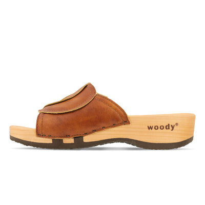 vanessa, pantoletten clogs damen mit biegsamer nachhaltiger holzsohle, der bestseller, farbe: safor (braun), holzclogs woody, woody schuhe, woody shoes, handgemachte holzschuhe aus österreich, kärnten
