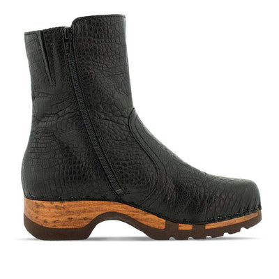 Veronika-Damen-Clog-Stiefelette-woody-farbe: nero-kroko (schwarz mit kroko Prägung), ganzjahres, kalbslederfutter