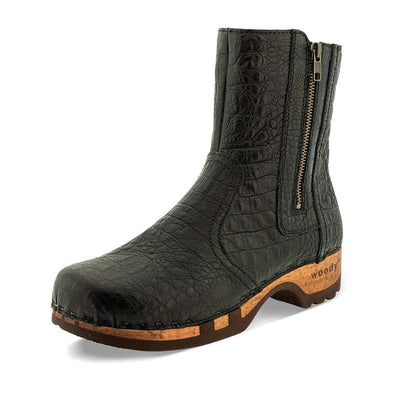 Veronika-Damen-Clog-Stiefelette-woody-farbe: nero-kroko (schwarz mit kroko Prägung), ganzjahres, kalbslederfutter