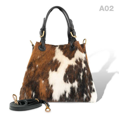 [A02] Victoria - praktische Tote Bag Handtasche aus Fell Natur und Schwarzem Leder