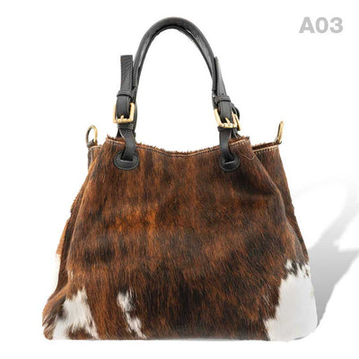 [A03] Victoria - praktische Tote Bag Handtasche aus Fell Natur und Schwarzem Leder