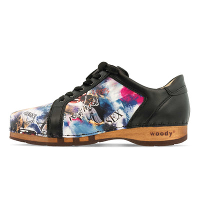 [Sex & Rock'n'Roll] wayne, sneakers clogs herren mit biegsamer nachhaltiger holzsohle, der bestseller, farbe: sex & rock'n'roll (multicolor), holzclogs woody, woody schuhe, woody shoes, handgemachte holzschuhe aus österreich, kärnten