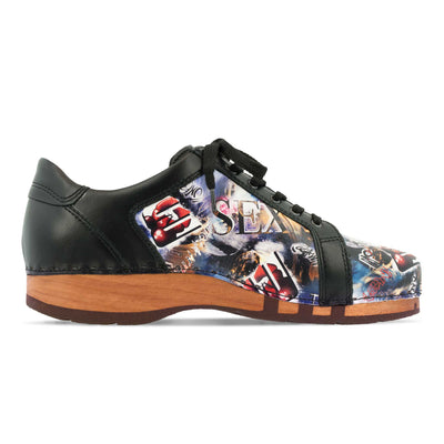 [Sex & Rock'n'Roll] wayne, sneakers clogs herren mit biegsamer nachhaltiger holzsohle, der bestseller, farbe: sex & rock'n'roll (multicolor), holzclogs woody, woody schuhe, woody shoes, handgemachte holzschuhe aus österreich, kärnten