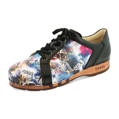 [Sex & Rock'n'Roll] wayne, sneakers clogs herren mit biegsamer nachhaltiger holzsohle, der bestseller, farbe: sex & rock'n'roll (multicolor), holzclogs woody, woody schuhe, woody shoes, handgemachte holzschuhe aus österreich, kärnten
