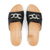 modell-lina-farbe: nero_clogs pantoletten damen mit biegsamer nachhaltiger weidenholzsohle, holzclogs woody, woody schuhe, woody shoes, handgemachte holzschuhe aus österreich, kärnten, metal-accessoires-inchrome-optic. Damenclogs, Damen Clogs - Clogs Dame