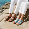 woody Sandalen mit Doppelschnalle in Braun und Hellblau aus der Frühjahr/Sommer-Kollektion 2026 – handgefertigt in Österreich
