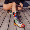 Ramona von woody Schuhe. Damen Stiefel mit hohem Schaft bestellen. Holzclog Stiefel. Holzstiefel. Stiefel für Damen handgemacht. Handgemachte Stiefel kaufen., farbe: showtime (multicolor-print)