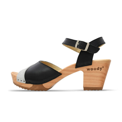 [Schwarz-Silber Glitzer] Yara – "Glam Line" elegante Damen Clog Pantolette mit biegsamer Sohle – Farbe: Schwarz-Silber Glitzer