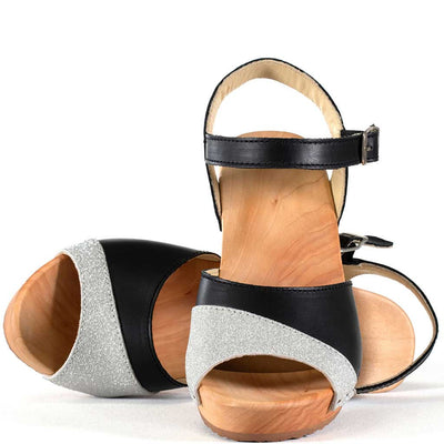 [Schwarz-Silber Glitzer] Yara – "Glam Line" elegante Damen Clog Pantolette mit biegsamer Sohle – Farbe: Schwarz-Silber Glitzer