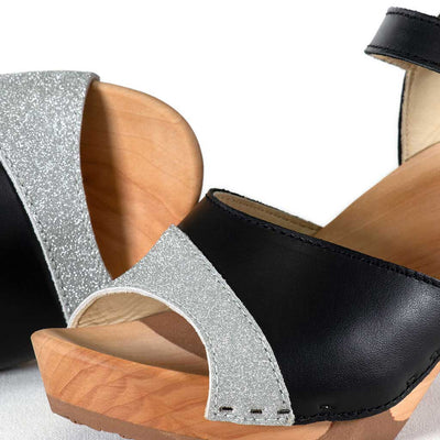 [Schwarz-Silber Glitzer] Yara – "Glam Line" elegante Damen Clog Pantolette mit biegsamer Sohle – Farbe: Schwarz-Silber Glitzer