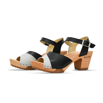 [Schwarz-Silber Glitzer] Yara – "Glam Line" elegante Damen Clog Pantolette mit biegsamer Sohle – Farbe: Schwarz-Silber Glitzer