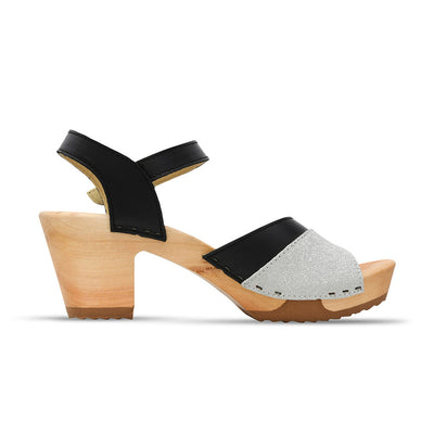[Schwarz-Silber Glitzer] Yara – "Glam Line" elegante Damen Clog Pantolette mit biegsamer Sohle – Farbe: Schwarz-Silber Glitzer