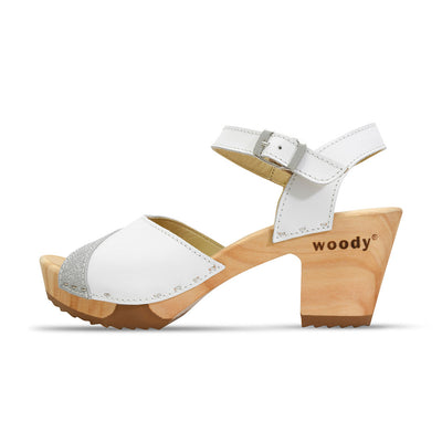 [Weiss-Silber Glitzer] Yara – "Glam Line" elegante Damen Clog Pantolette mit biegsamer Sohle – Farbe: Weiss-Silber Glitzer