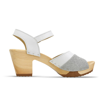 [Weiss-Silber Glitzer] Yara – "Glam Line" elegante Damen Clog Pantolette mit biegsamer Sohle – Farbe: Weiss-Silber Glitzer