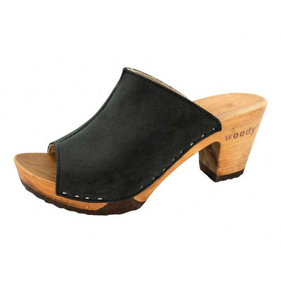[Nero] elly, farbe: nero alias schwarz_clogs pantolette damen mit absatz mit biegsamer nachhaltiger weidenholzsohle, holzclogs woody, woody schuhe, woody shoes, handgemachte holzschuhe aus österreich, kärnten