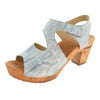 hannah, sandletten clogs damen mit biegsamer nachhaltiger holzsohle, holzclogs woody, woody schuhe, woody shoes, handgemachte holzschuhe aus österreich, kärnten, farbe: barbor blue (hellblau gemustert)